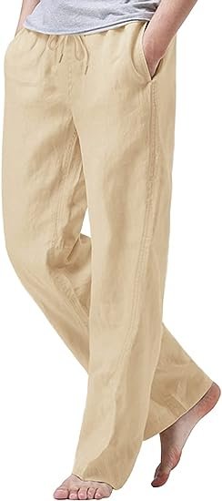 Mens Cotton Linen Drawstring Pants Elastic Waist Casual Jogger Yoga Pants