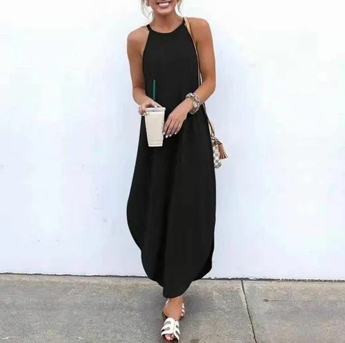 Round neck solid color suspender dress
